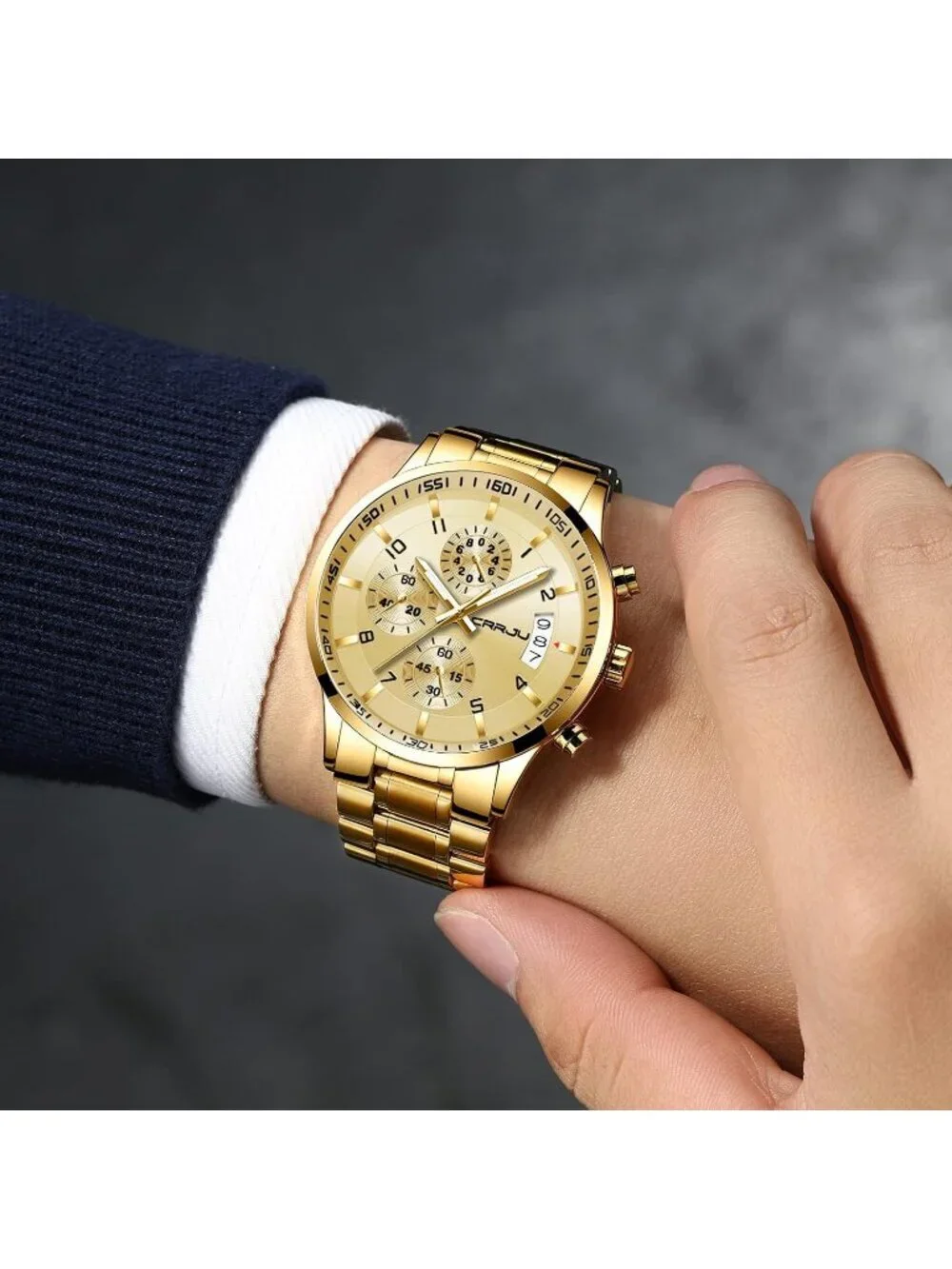 Men's Gold Analog Quartz Stainless Steel Waterproof Chronograph Wrist Watch